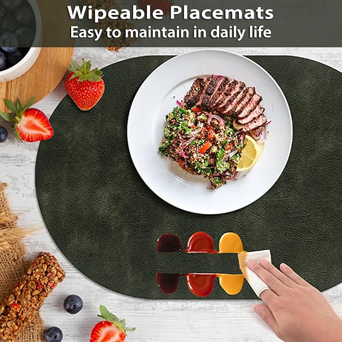 ADRIMER Placemats, Heat Resistant Oval Placemats Set of 6 Washable 12 x 17 Inch, Waterproof Table Mats, Wipeable Pu Place Mats for Kitchen, Dining Room, Olive Green - Image 5