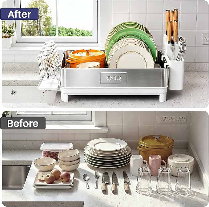 SNTD 304 Stainless Steel Dish Drying Rack for Small Kitchen Counter, White | Rustproof, Large Capacity, Heavy-Duty Frame, Rotating Spout, Angled Drainboard, Removable Cup & Utensil Holder - Image 6