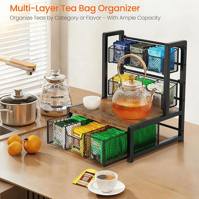 Tea Bag Organizer, 3 Tier Tea Storage Container Box, Rustic Brown | Wood Tea Station Caddy, Teabag Holder Stand with Drawer Basket, Large Tea Chest Display Rack for Countertop Cabinet Office - Image 2