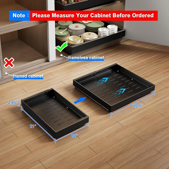 MUSTORN 2 Pack Pull Out Cabinet Organizer Expandable, 21"Deep Slide Out Drawer for Cabinets Adhesive Pull Out Drawers Heavy Duty Pull Out Shelves for Kitchen, Cupboard, Pantry, Bathroom(Black) - Image 2