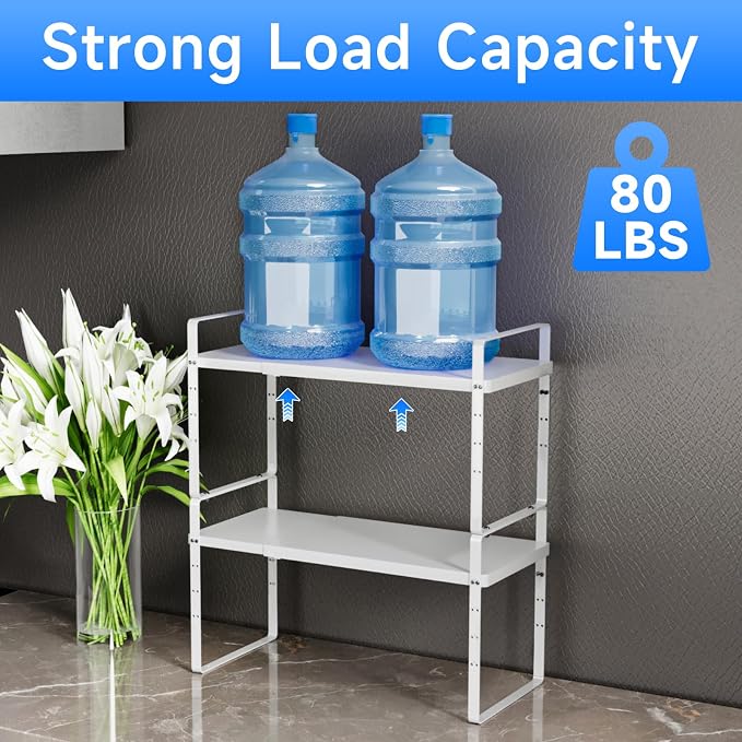 Expandable Cabinet Shelf Organizer, Stackable Kitchen Pantry Counter Storage, Adjustable Closet Cupboard Stand Rack Risers Spice Organization 80LBS Heavy Duty White Large 1 Pack - Image 4