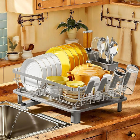MOUKABAL Stainless Steel Dish Drying Rack for Kitchen Counter, Grey Silver | 13×17 Large Capacity/Drainboard with Rotating Spout/Removable Cup & Utensil Holders/Fast Drainage/Countertop Dish Drainer by MOUKABALGREATHELPER