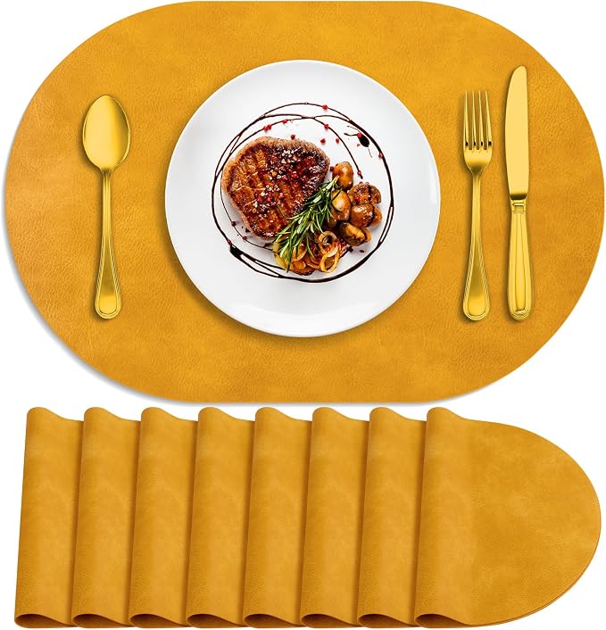 ADRIMER Placemats, Heat Resistant Oval Placemats Set of 8 Washable 12 x 17 Inch, Waterproof Table Mats, Wipeable Pu Place Mats for Kitchen, Dining Room, Yellow by Adrimersdreamistobeanindispensablecompanioninyourlife