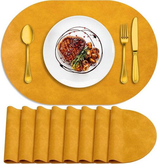 ADRIMER Placemats, Heat Resistant Oval Placemats Set of 8 Washable 12 x 17 Inch, Waterproof Table Mats, Wipeable Pu Place Mats for Kitchen, Dining Room, Yellow by Adrimersdreamistobeanindispensablecompanioninyourlife