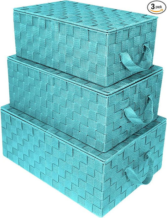 Sorbus Set of 3 Hand-Woven Storage Baskets with Lids (Aqua) – Mesh Bins for Closet, Shelf, or Pantry Organization – Variety Pack for Home and Office Storage by Sorbus