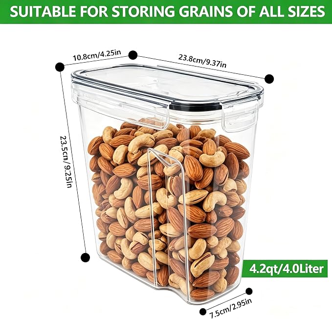 4pcs 4L Airtight Plastic Canisters, Kitchen Pantry Dry Food Storage | 4pk 4L airtight canisters, tight sealed lids lock out moisture. Premium plastic, stackable for all kitchen dry foods - Image 2