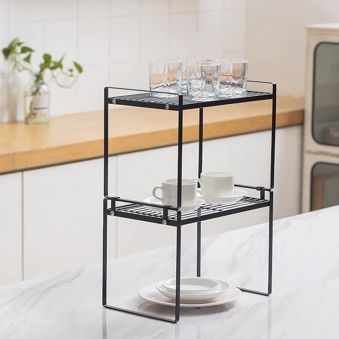 Shantton 2pk Kitchen Cabinet Shelf Counter Organizer Rack Pantry Storage Bathroom Bedroom Office Table Desk Space Saving Steel Frame Stackable Rust Resistant Non Slip Black-Tall-L13in W8.3in H9.5in | 2-Pack Stackable Metal Riser Holds 40LBS with Non-Sl... - Image 2