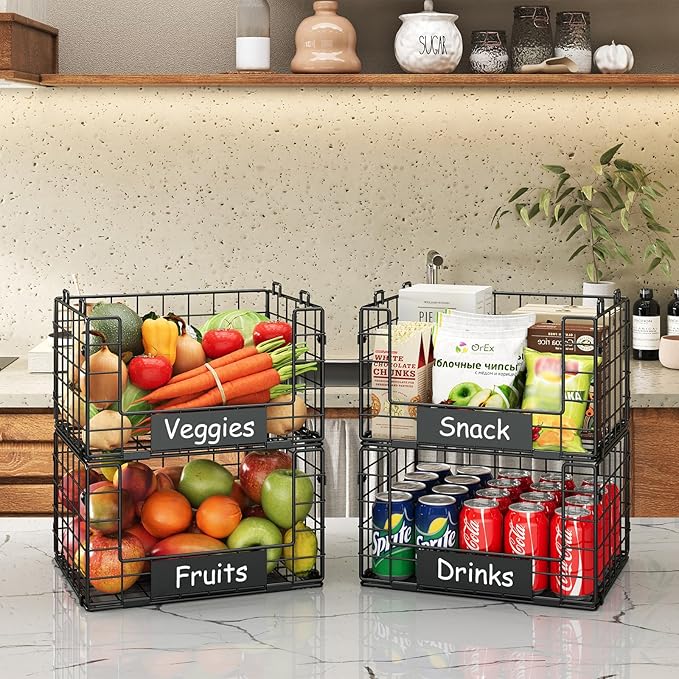 JKsmart 4 Pack XL Stackable Wire Baskets, Pantry Organizers and Storage | Pantry Baskets with Handles and Name Plates, Muti-Purpose for Snack Organizer & Vegetable Basket & Fruit Basket & Snack Rack - Image 2