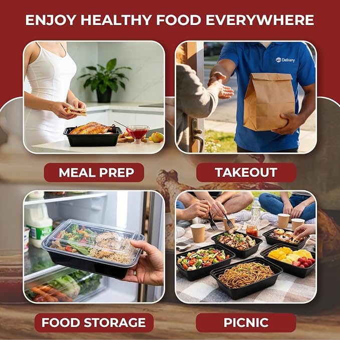 100 Pack (200-Piece) 24 oz Meal Prep Containers Reusable Food Storage Containers with Lids, Sturdy Leakproof To Go Plastic Takeout Containers for Microwave, Freezer, Dishwasher Safe - Image 6