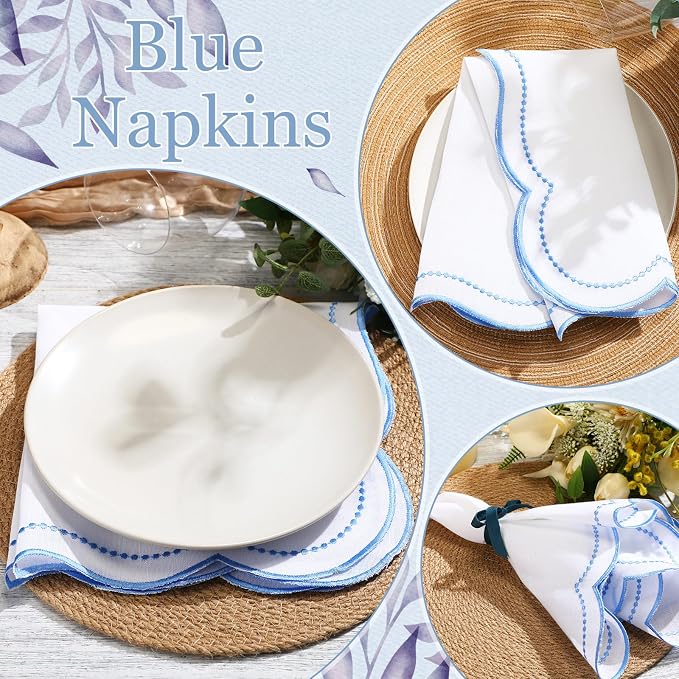 Hahafelt 12 Set Cloth Napkins 18x18inches Scalloped Embroidery Cloth Napkins Washable Polyester Table Dinner for Hotel Restaurant Weddings Events Parties (Blue) - Image 3
