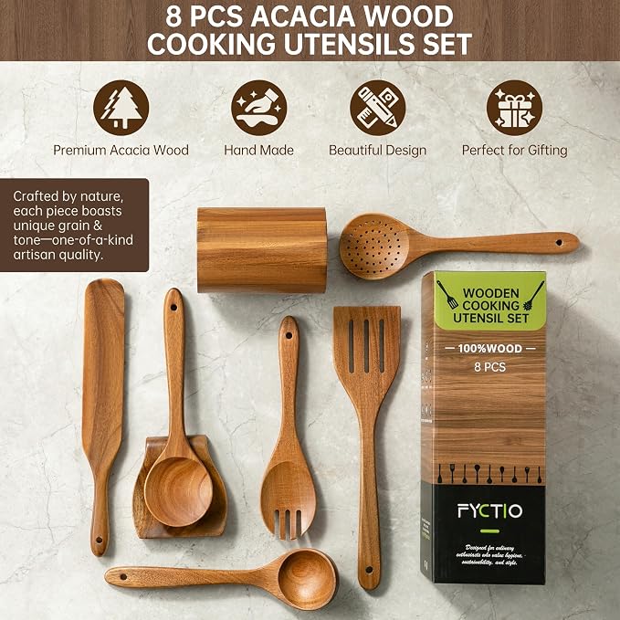 8 PCS Natural Acacia Wooden Utensil Set Wooden Spoons for Cooking | Non-Toxic Acacia Wood, Nonstick Safe, Sturdy Easy to Clean, Includes Holder & Spoon Rest, Great Kitchen Gift - Image 2