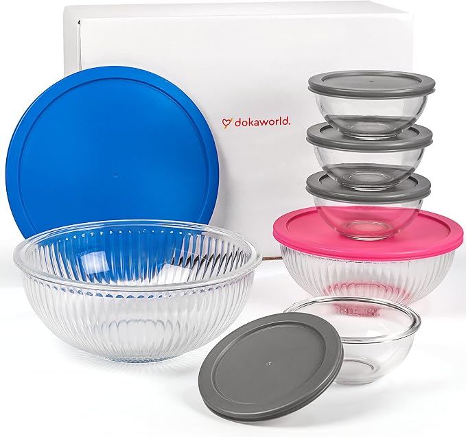 Set of 6 Stackable Space-Saving Nesting Glass Bowls with BPA Free Lids for Foodprep, Storage, Baking, Mixing & Cooking, Microwave Safe - Durable Inert Borosilicate Glass - Image 9