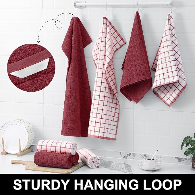 Homaxy Large Premium Cotton Kitchen Towels 16"x 28", 8 Pack, Red | Natural Ring Spun 390 GSM Dish Towels, Super Absorbent Terry Kitchen Hand Towels, Soft Tea Towels with Hanging Loop - Image 6