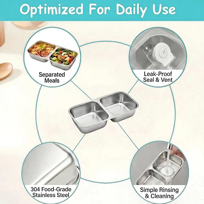 6 Pack Stainless Steel Snack Containers with Lids, 2 Compartment Metal Bento Snack Boxes, Reusable Divided Food Storage Containers for Dry Snacks, Lunch, Office, Travel - Image 8