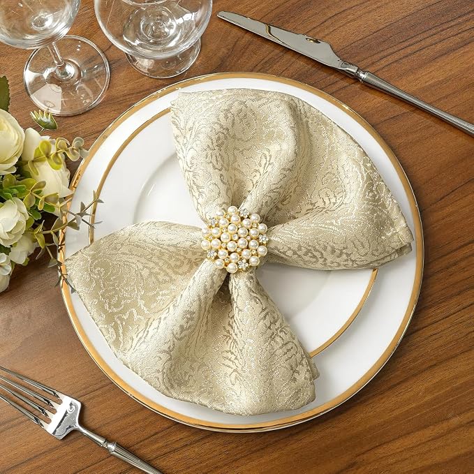 Beige Cloth Napkins Set of 12, 18 x 18 Inch Dinner Napkins | Reusable Washable Cotton Polyester Soft Luxury Elegant Fancy Jacquard Fabric Table Napkins - Image 2