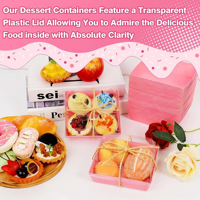 Pink Charcuterie Boxes with Clear Lids - Set of 150, 5.3x4.9x2.5 Disposable Food Containers with Lids, Bakery Boxes for Swiss Roll, Sandwich, Strawberries, Slice Cake, Cookies - Image 4