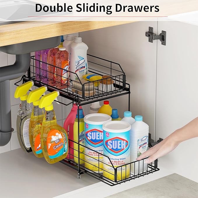 Under Sink Organizers and Storage 2 Pack, 2-Tier Pull Out | Large Black Metal Shelf, Hanging Rail, Kitchen Bathroom Cabinet Organizer, Sliding Storage Drawer for Pantry - Image 4