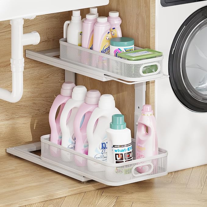 1-Pack Under Sink Storage Organizer with 2-Tier Slide Out Drawer, Sophisticated Mesh Pull Out Shelf for Kitchen & Bathroom, Fits Small Items, Upgraded Arched Track for Smooth Gliding-White by UnderSinkOrganizer