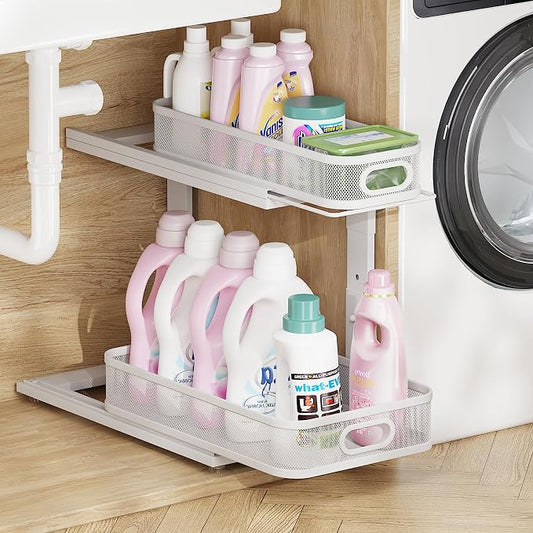 1-Pack Under Sink Storage Organizer with 2-Tier Slide Out Drawer, Sophisticated Mesh Pull Out Shelf for Kitchen & Bathroom, Fits Small Items, Upgraded Arched Track for Smooth Gliding-White by UnderSinkOrganizer