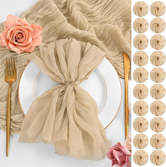 100 Pack Beige Cloth Napkins 20x20 Inch Cheesecloth Napkins | Elegant Cloth Napkins for Table, Washable Rustic Boho Gauze Napkins, for Wedding Party Bridal Baby Shower Dinner Table Decor by Lumaycens