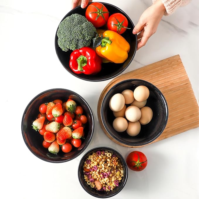 HASENSE Nesting Ceramic Mixing Bowls Set of 4, 2.5/1.5/1.0/0.5 Qt Black & Beige Stoneware Bowls, Farmhouse Bowls for Cooking, Baking, Fruit & Holiday Serving, Dishwasher & Microwave Safe - Image 4