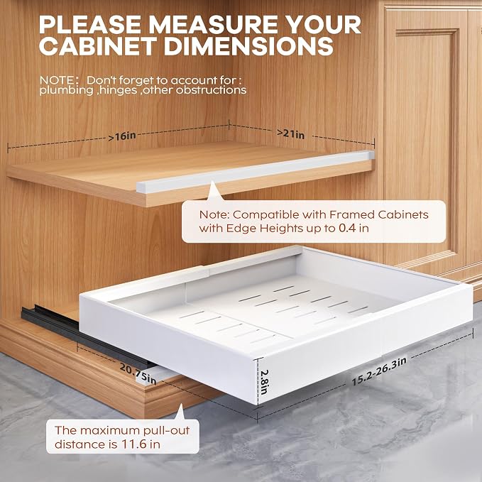 Seinloes 4 Pack Expandable Width (15.15"-26.3") Pull Out Cabinet Organizer 21" Deep with Raising Pad for Framed Cabinets, Upgrade 3 Slide Rails Slide Out Drawers, Roll Out Shelves Adhesive, White - Image 4
