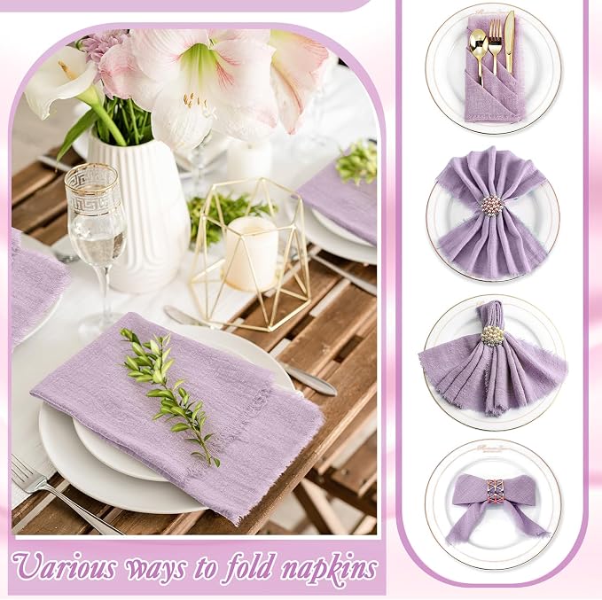 48 Pcs Cotton Linen Cloth Napkins with Fringe 16.5 x 16.5 Inch Square Rustic Dinner Linen Napkins Bulk for Wedding Party Banquet Dinner (Purple) - Image 3