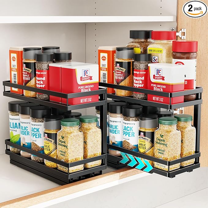 Pull Out Spice Rack - 2 Pack for Inside Cabinet with Front Lips | Peel-and-Stick No Drilling Setup, Smooth Slide Access for 1-8 Oz Spice Jars, Cabinet Storage, Daily Cooking Use, Daily by iSPECLE