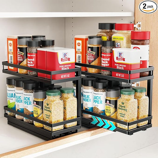 Pull Out Spice Rack - 2 Pack for Inside Cabinet with Front Lips | Peel-and-Stick No Drilling Setup, Smooth Slide Access for 1-8 Oz Spice Jars, Cabinet Storage, Daily Cooking Use, Daily by iSPECLE