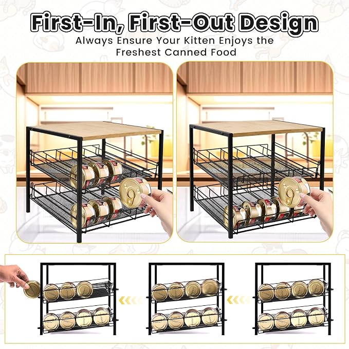 Bamboo & Iron Cat Food Organizer, 2-Tier Stackable Rack Holds 48 Cans 3oz | FIFO auto slide-down,Flat top storage, Organizes pantry & pet food cans - Image 5