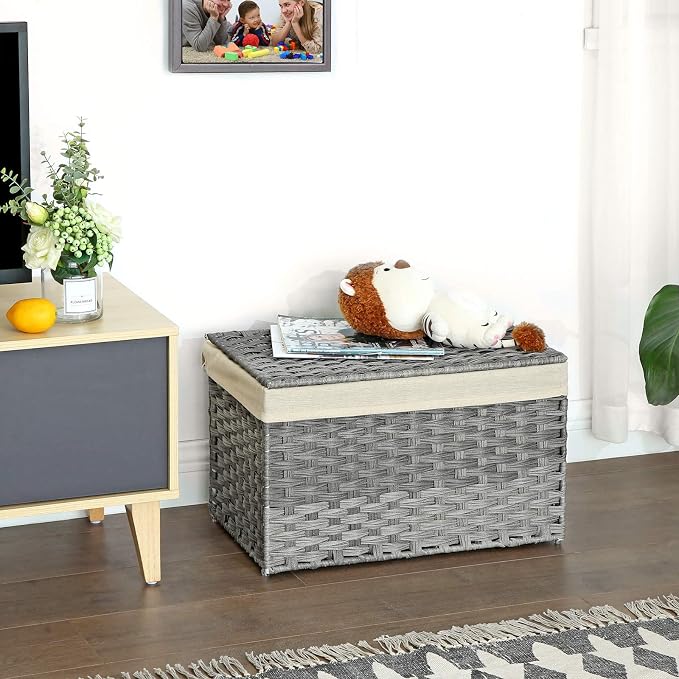 SONGMICS Storage Basket with Lid, Woven Blanket Storage Bin with Handles, Foldable, Removable Liner, Metal Frame, for Bedroom, Laundry Room, 17.2 Gallons (65 L), Gray URST56WG - Image 5