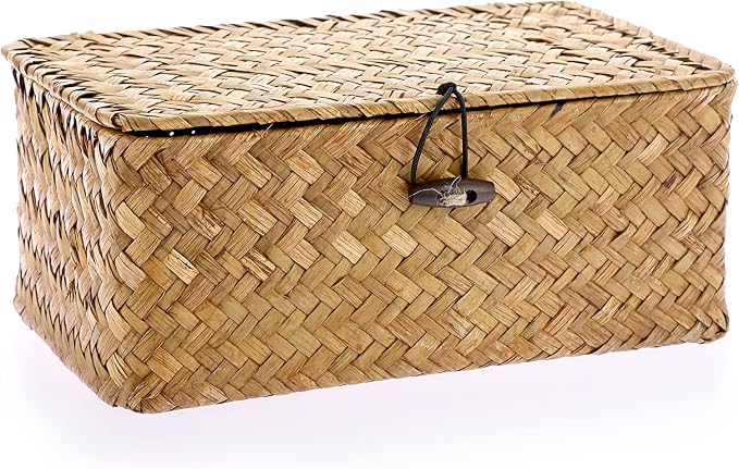 Hipiwe Wicker Shelf Baskets Bin with Lid X-Small Handwoven Basket for Shelf | Natural Seagrass Storage Box, Rectangular Household Basket Boxes for Wardrobe Home Organizer, Caramel - Image 5