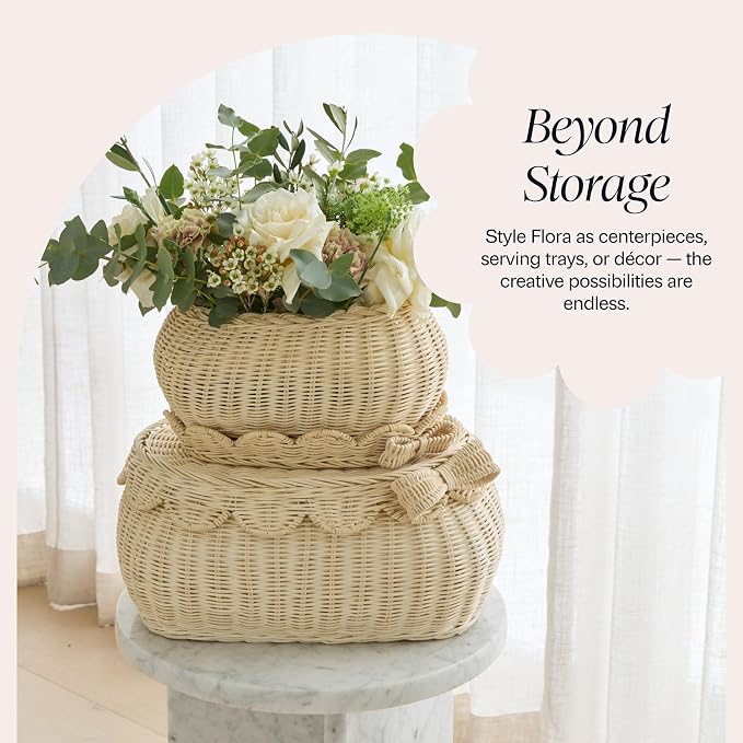 BEBE BASK Original Scalloped Bow Basket with Lid - Set of 2 (15x11x6 In) | Award Winner, Handwoven Rattan, Scalloped Wicker Basket, Woven Baskets for Storage, Nursery Storage, Scallop Basket (Bow) - Image 8