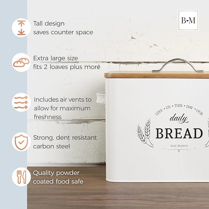 Baie Maison Extra Large White Farmhouse Bread Box for Kitchen Countertop - Breadbox Holder Fits 2+ Loaves - Bread Storage Container Bin - Rustic Bread Keeper Vintage Metal Kitchen Decor for Counter - Image 4