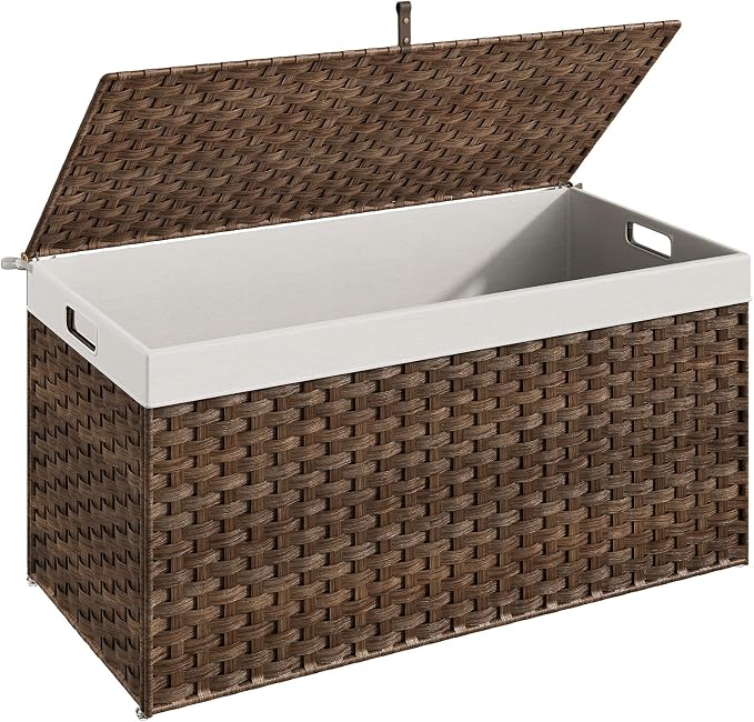 HOOBRO Storage Basket with Lid, 52.8 Gallon (200L) Wicker Basket, Handwoven Blanket Storage Basket with Handles, Metal Frame and Soft Lining, Foldable for Bedroom, Laundry Room, Brown BR220CW01 by HOOBRO
