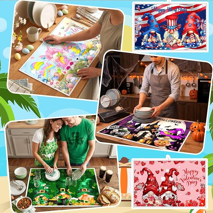 12 Pcs Seasonal Dish Drying Mats for Kitchen 24"x 16" Holiday Microfiber Absorbent Washable Drainer Mat Bulk for Counter Gift Patriotic Summer Home Accessories Decoration(Gnomes) - Image 3