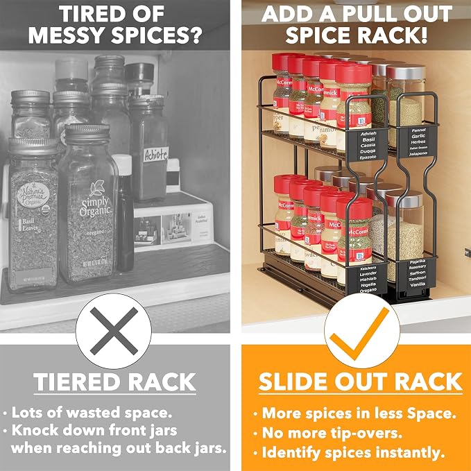SpaceAid Pull Out Spice Rack Organizer for Cabinet, 2 Drawers 2-Tier, 24 Pcs Spice Jars with Labels - Image 5