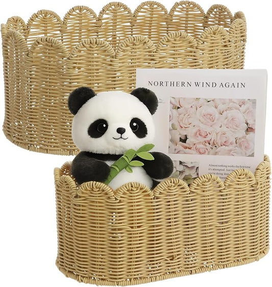 Scalloped Basket Set of 2, Woven Imitation Rattan Storage Baskets, Large & Small Organizer Bins with Scalloped Edges, Rectangular Open Top Containers for Clothes, Toys, Snacks by Unknown