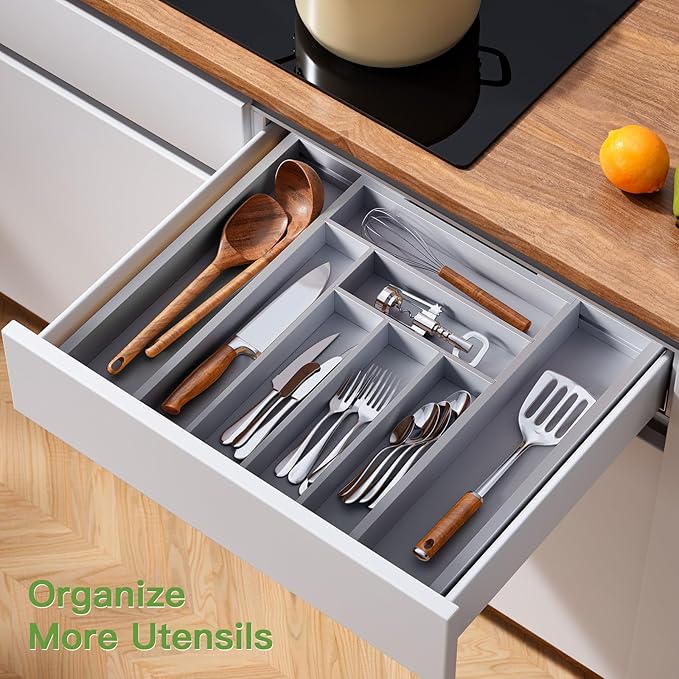Pipishell Bamboo Expandable Drawer Organizer for Utensils Holder, Adjustable Cutlery Tray, Wood Drawer Dividers Organizer for Silverware, Flatware, Knives in Kitchen, Bedroom, Living Room(Grey) - Image 3