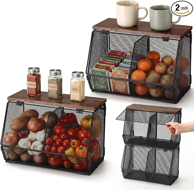 Teenyyou 2 Pcs Stackable Mesh Fruit Basket with Lid Wall Produce Vegetable Storage Basket Onion Potato Hanging Metal Wire Container for Kitchen Counter Pantry (Divided,Black,8.3"w & 13.8"L) by Teenyyou