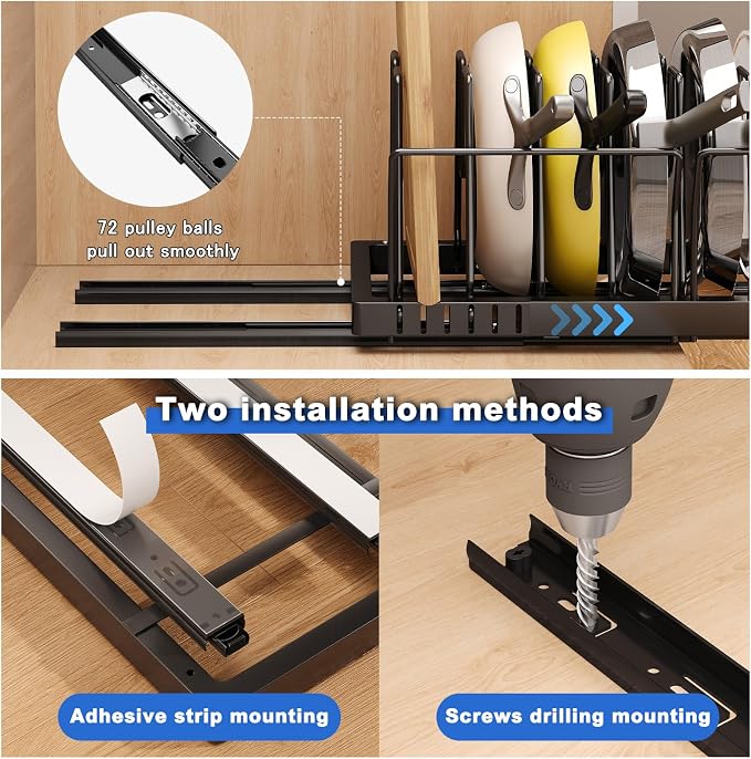 Mustorn Pots and Pans Organizer Under Cabinet, 21.6" Deep Pull Out Pot Lid Organizer Holder with Guardrail Adhesive Pot and Pan Holder Rack with 10 Adjustable Dividers-1 Pack(Black) - Image 4