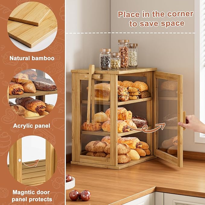 WOWLIVE Bread Box for Kitchen Countertop, 3 Layers Bread Storage Container | Large Bamboo Bread Bin for Homemade Bread with Window, Farmhouse Breadbox Organizer for Kitchen, Cabinet, Natural, Meduim - Image 4