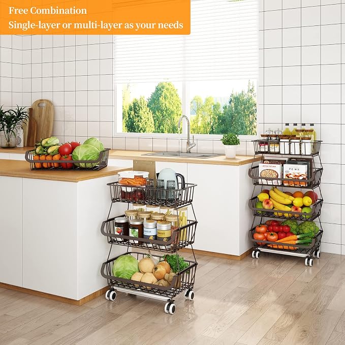 Fruit Vegetable Storage Basket for Kitchen - 4 Tier Stackable Metal Wire Baskets Cart with Rolling Wheels Utility Fruits Rack Produce Snack Organizer Bins for Pantry Bathroom Laundry Bronze - Image 2
