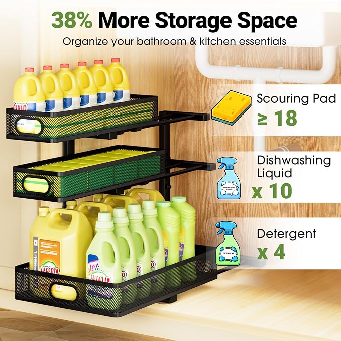 Under Sink Organizer 3 Tier, 4 Pack L-Shaped Pull-Out Cabinet Organizer with Sliding Metal Mesh Drawers, Height Adjustable Under Sink Storage Rack for Kitchen Bathroom Cabinet, Black - Image 6