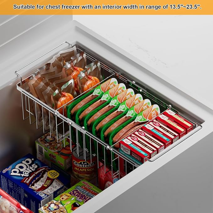 Orgneas Expandable Chest Freezer Organizer Bins Large Deep Freezer Basket | Real Capacity Adjustable 15.5"~24.5" with Removable Divider Sheets for Easy Sort and Organize Frozen Meat Food, 2Pcs - Image 3