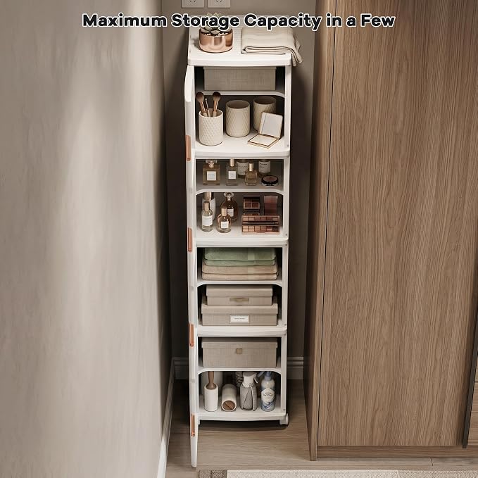 4-Tier Tall Narrow Plastic Storage Cabinet, Foldable | Rolling Organizer with Lid,4 Doors,2 Adjustable Shelves,Stackable,Durable PP,Freestanding Bathroom Cabinet for Slim Space - Image 7
