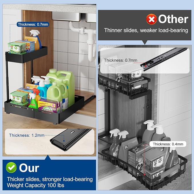 Insputer 2 Pack Under Sink Organizer, 2 Tier Under Cabinet Storage Expandable Width 9.8"-15" & Height Adjustable, Thickened Pull Out Shelf for Bathroom, Kitchen, Laundry, Pantry(Black) - Image 2