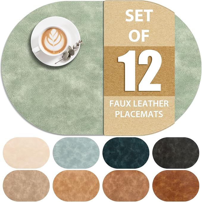 ADRIMER Placemats, Heat Resistant Oval Placemats Set of 12 Washable 12 x 17 Inch, Waterproof Table Mats, Wipeable Pu Place Mats for Kitchen, Dining Room, Green by Adrimersdreamistobeanindispensablecompanioninyourlife