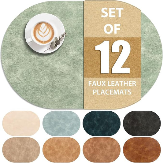 ADRIMER Placemats, Heat Resistant Oval Placemats Set of 12 Washable 12 x 17 Inch, Waterproof Table Mats, Wipeable Pu Place Mats for Kitchen, Dining Room, Green by Adrimersdreamistobeanindispensablecompanioninyourlife