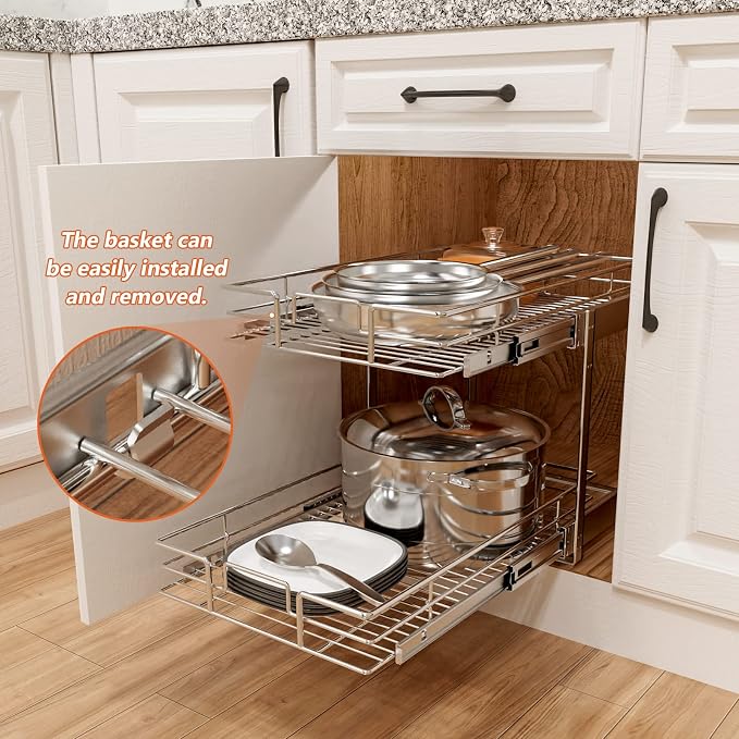 ROOMTEC Individual Pull Out Cabinet Organizer (14"W x 21"D), 2 Tier Spice Rack Organizer for Cabinet, Slide Out Drawer Pantry Shelf Organization and Storage for Kitchen Bathroom - Image 5